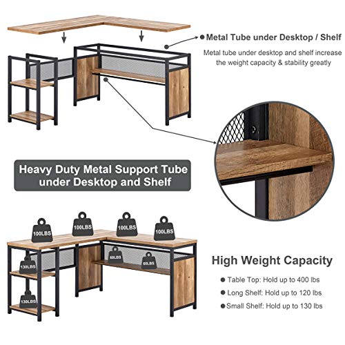 FATORRI L Shaped Computer Desk and Industrial Bookshelf for Home Office (Rustic Oak)