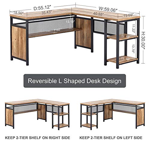 FATORRI L Shaped Computer Desk and Industrial Bookshelf for Home Office (Rustic Oak)