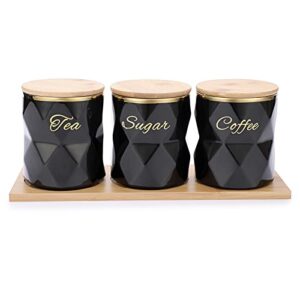 juxyes set of 3 ceramic canisters set for sugar coffee tea, luxurious storage containers sets with lids decorative storage pots black ceramic storage jar for kitchen counter dining room