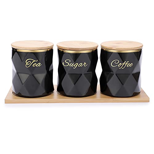 JUXYES Set of 3 Ceramic Canisters Set for Sugar Coffee Tea, Luxurious Storage Containers Sets with Lids Decorative Storage Pots Black Ceramic Storage Jar for Kitchen Counter Dining Room