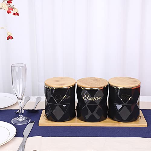 JUXYES Set of 3 Ceramic Canisters Set for Sugar Coffee Tea, Luxurious Storage Containers Sets with Lids Decorative Storage Pots Black Ceramic Storage Jar for Kitchen Counter Dining Room