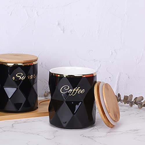 JUXYES Set of 3 Ceramic Canisters Set for Sugar Coffee Tea, Luxurious Storage Containers Sets with Lids Decorative Storage Pots Black Ceramic Storage Jar for Kitchen Counter Dining Room