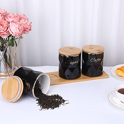 JUXYES Set of 3 Ceramic Canisters Set for Sugar Coffee Tea, Luxurious Storage Containers Sets with Lids Decorative Storage Pots Black Ceramic Storage Jar for Kitchen Counter Dining Room