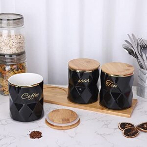 JUXYES Set of 3 Ceramic Canisters Set for Sugar Coffee Tea, Luxurious Storage Containers Sets with Lids Decorative Storage Pots Black Ceramic Storage Jar for Kitchen Counter Dining Room