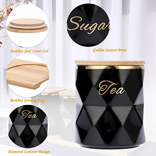 JUXYES Set of 3 Ceramic Canisters Set for Sugar Coffee Tea, Luxurious Storage Containers Sets with Lids Decorative Storage Pots Black Ceramic Storage Jar for Kitchen Counter Dining Room