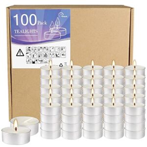100-pack unscented tea lights candles|4 hour white smokeless tealight candles|in bulk votive little candles for shabbat, wedding,parties,birthdays,anniversaries