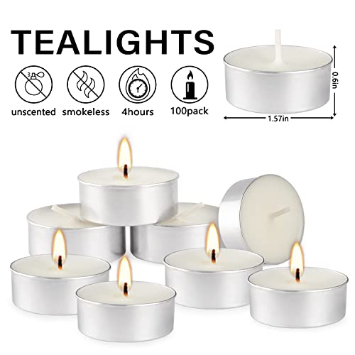 100-Pack Unscented Tea Lights Candles|4 Hour White Smokeless Tealight Candles|in Bulk Votive Little Candles for Shabbat, Wedding,Parties,Birthdays,Anniversaries