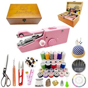 hand sewing machine, handheld sewing machine mini portable cordless, perfect for adults, beginners, kids diy, home and travel sewing, wooden sewing box with 153 sewing supplies