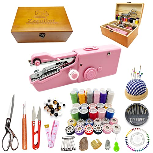 Hand Sewing Machine, Handheld Sewing Machine Mini Portable Cordless, Perfect for Adults, Beginners, Kids DIY, Home and Travel Sewing, Wooden Sewing Box with 153 Sewing Supplies