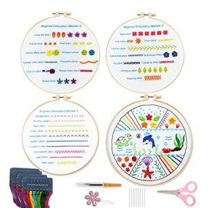 foxtsport 4 set embroidery starter kit for beginners,stamped embroidery kits with pattern and instructions,hand embroidery starter kit embroidery hoops and color threads (underwater world)