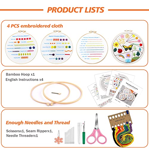 FOXTSPORT 4 Set Embroidery Starter Kit for Beginners,Stamped Embroidery Kits with Pattern and Instructions,Hand Embroidery Starter Kit Embroidery Hoops and Color Threads (Underwater World)