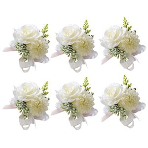 surakey 6 pieces wrist corsage brooch for wedding ceremony for bridesmaid mother grandmother for bridal shower wedding artificial flower rose hand wristlet band bracelet, type 6 white