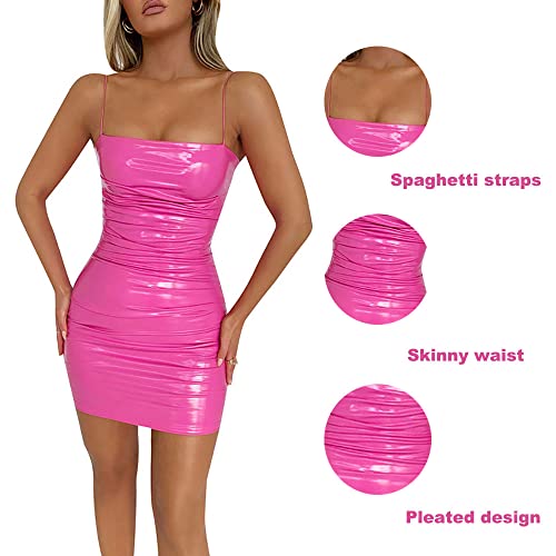 Gogobear Women's Pink PU Leather Spaghetti Strap Ruched Zipper Tight Cocktail Bodycon Mini Dress,M