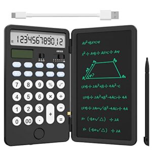 newyes portable calculator with notepad, basic calculator with writing tablet,12 digits large display rechargeable solar power desk calculator for office, school (black)