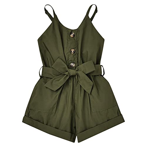 ODIMAME Girl Clothes Size 7-8 Girl Romper Summer Short Jumpsuit V-neck Adjustable Spaghetti Straps Side Pockets Outfits Green 7-8 Years Old