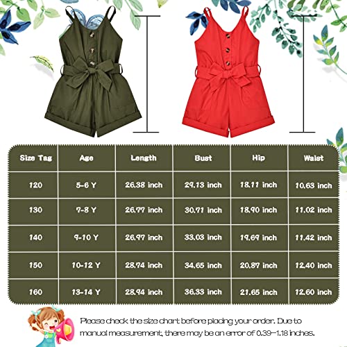 ODIMAME Girl Clothes Size 7-8 Girl Romper Summer Short Jumpsuit V-neck Adjustable Spaghetti Straps Side Pockets Outfits Green 7-8 Years Old