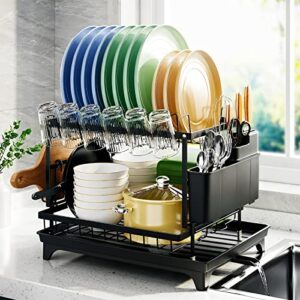 kenvc dish drying rack,dish rack kitchen counter,dish racks for kitchen counter,board holder, 6 cup holder，removable large capacity dish drainer, rust-proof dish drainer, black