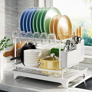 kenvc dish drying rack,large dish drying rack，dish drainers for kitchen counter,board holder, 6 cup holder，removable large capacity dish drainer, rust-proof dish drainer, white