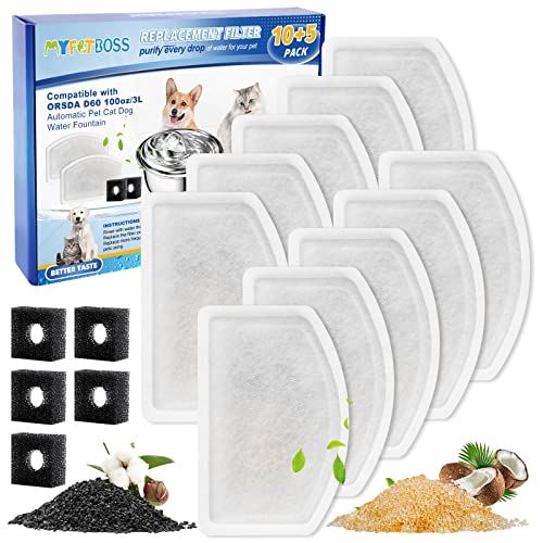 MyfatBOSS Cat Water Fountain Filter, 10 Pack Pet Fountain Filter Replacement Cat Fountain Filter Replacement and 5 Pump Filters Compatible with ORSDA D60 100oz/3L Automatic Pet Cat Water Fountain