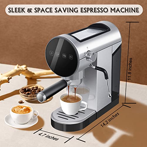 skyehomo Espresso Machine, 20 Bar Espresso Coffee Maker with Milk Frother Steamer, Espresso and Cappuccino latte Maker, Espresso Coffee Machine with Digital Touch Panel, 1250W, Stainless Steel