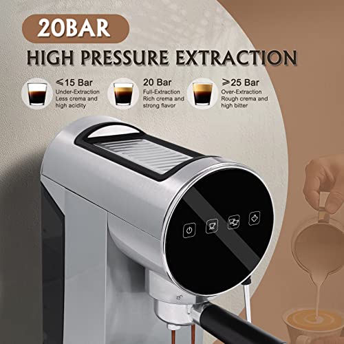 skyehomo Espresso Machine, 20 Bar Espresso Coffee Maker with Milk Frother Steamer, Espresso and Cappuccino latte Maker, Espresso Coffee Machine with Digital Touch Panel, 1250W, Stainless Steel