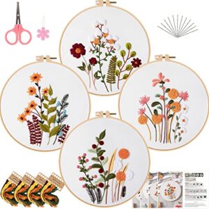 ojindiy 4 sets embroidery kit starter with pattern and instructions, diy beginner starter cross stitch kit include 1 embroidery hoop, needlework for adults (flower-happy time)