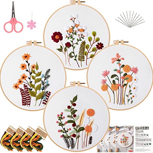 ojindiy 4 Sets Embroidery Kit Starter with Pattern and Instructions, DIY Beginner Starter Cross Stitch Kit Include 1 Embroidery Hoop, Needlework for Adults (Flower-Happy time)