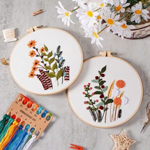 ojindiy 4 Sets Embroidery Kit Starter with Pattern and Instructions, DIY Beginner Starter Cross Stitch Kit Include 1 Embroidery Hoop, Needlework for Adults (Flower-Happy time)