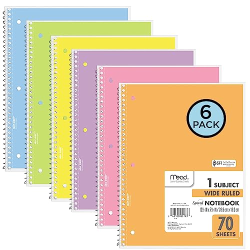 Mead Spiral Notebooks, 6 Pack, 1-Subject, Wide Ruled Paper, 8" x 10-1/2", 70 Sheets, Color Will Vary (930050-ECM)