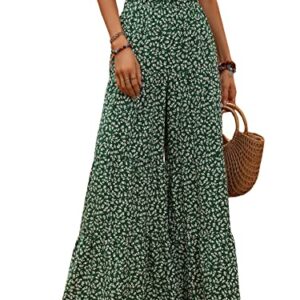 MakeMeChic Women's Floral High Waisted Ruffle Wide Leg Pants Boho Summer Beach Palazzo Pants Green L