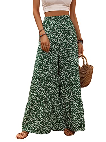 MakeMeChic Women's Floral High Waisted Ruffle Wide Leg Pants Boho Summer Beach Palazzo Pants Green L