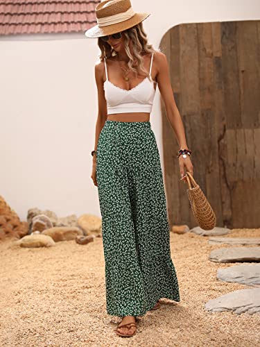 MakeMeChic Women's Floral High Waisted Ruffle Wide Leg Pants Boho Summer Beach Palazzo Pants Green L