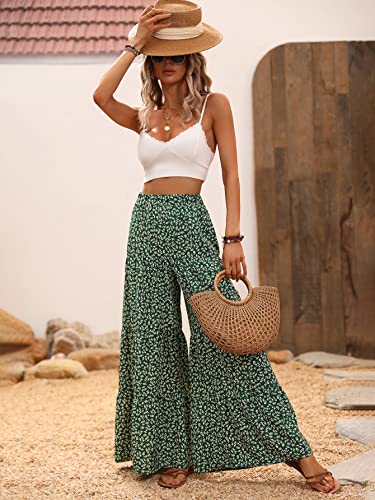 MakeMeChic Women's Floral High Waisted Ruffle Wide Leg Pants Boho Summer Beach Palazzo Pants Green L