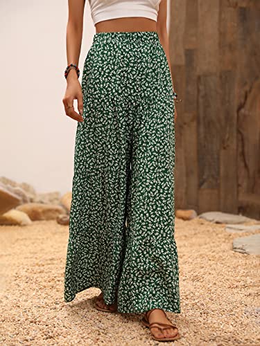 MakeMeChic Women's Floral High Waisted Ruffle Wide Leg Pants Boho Summer Beach Palazzo Pants Green L