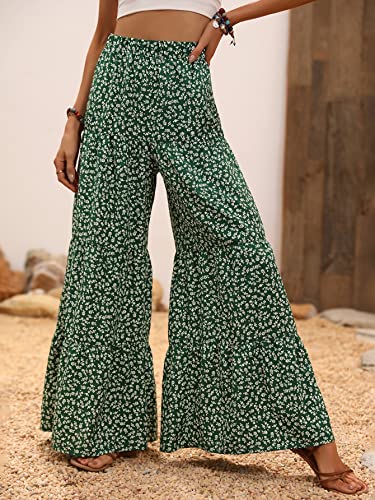 MakeMeChic Women's Floral High Waisted Ruffle Wide Leg Pants Boho Summer Beach Palazzo Pants Green L