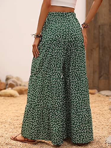 MakeMeChic Women's Floral High Waisted Ruffle Wide Leg Pants Boho Summer Beach Palazzo Pants Green L