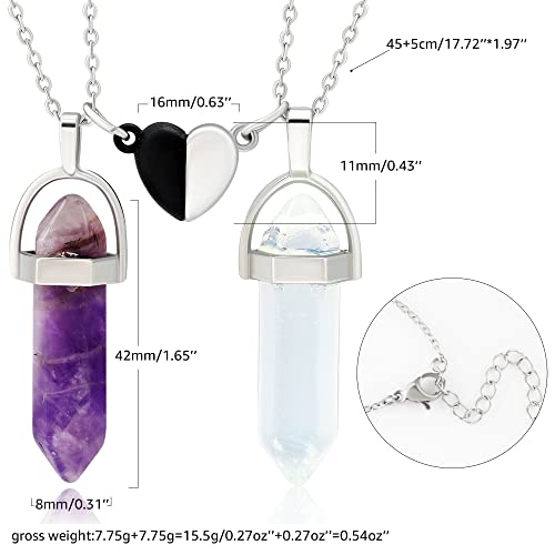 MISS RIGHT Crystal Friendship Matching Couples Necklaces for Women Men with Magnetic Heart Charm, Dainty Rose Quartz Best Friends BFF Necklace for 2 Girls (White Opal & Amethyst)