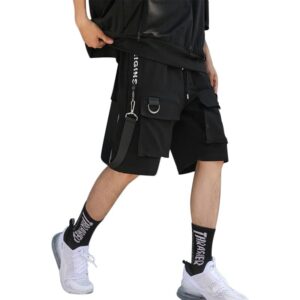 cekaso men's techwear shorts cyberpunk streetwear hip hop cargo harem multi-pockets casual shorts with drawstring, black, tagsize2xl=ussizel