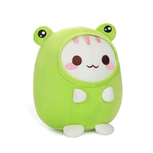 aixini cute cat frog plush pillow 8" kitten frog stuffed animal, soft kawaii cat plushie with frog outfit costume gift for kids