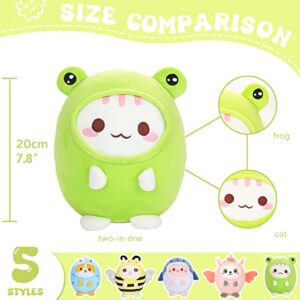 AIXINI Cute Cat Frog Plush Pillow 8" Kitten Frog Stuffed Animal, Soft Kawaii Cat Plushie with Frog Outfit Costume Gift for Kids