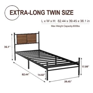 HAOARA Twin XL Size Bed Frame with Rustic Wood Headboard, Metal Heavy Duty Platform Frame, Sturdy Steel Slat Support, No Box Spring Needed, Black