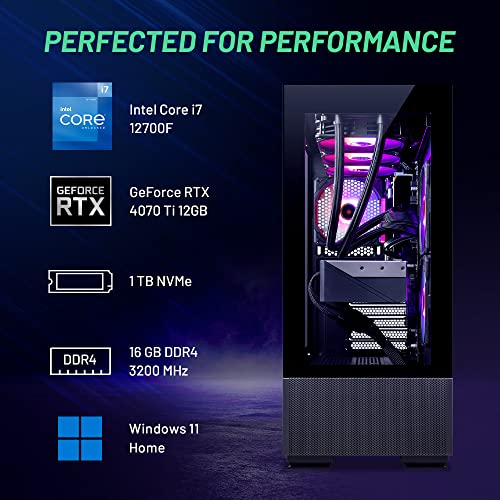 Skytech Gaming PC Desktop – Intel Core i7 12700F 2.1 GHz, NVIDIA RTX 4070 Ti, 1TB NVME SSD, 16GB DDR4 RAM 3200, 750W Gold PSU, 360mm AIO, 11AC Wi-Fi, Windows 11 Home 64-bit,Black