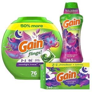 gain flings laundry detergent soap pacs, moonlight breeze, 76 count + gain fireworks laundry scent booster beads for washer, moonlight breeze, 26.5 oz + gain dryer sheets, moonlight breeze, 240 count
