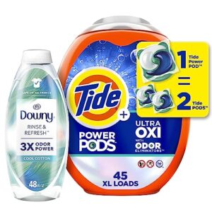tide ultra oxi power pods with odor eliminators laundry detergent pacs, 45 count + downy rinse & refresh, cool cotton, 48 fl oz