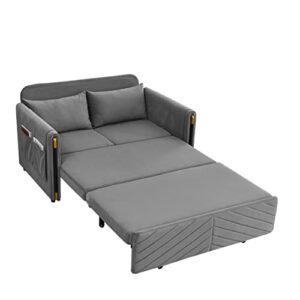 54" pull out couch for living room, convertible sofa bed with 2 detachable arm pockets and velvet loveseat multi-position adjustable sofa with bedhead and 2 pillows for bedroom, movie room - grey