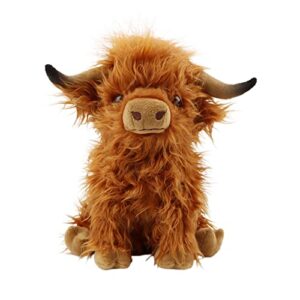 sodwef cute highland cow stuffed animals,10.5 inches realistic cow plush toy,highland cattle farm toy gift for adults kids boys girls birthday plush gifts (brown cow)