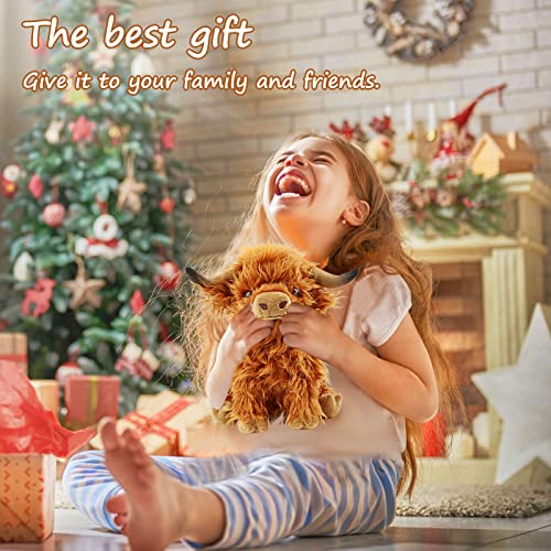 SODWEF Cute Highland Cow Stuffed Animals,10.5 inches Realistic Cow Plush Toy,Highland Cattle Farm Toy Gift for Adults Kids Boys Girls Birthday Plush Gifts (Brown Cow)