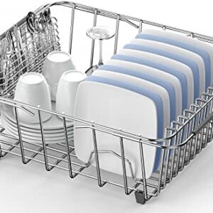 Jobemin Dish Drainer Rack in Sink Adjustable, Expandable 304 Stainless Steel Metal Dish Drying Rack Organizer with Stainless Steel Utensil Holder Over Inside Sink Counter, Rustproof