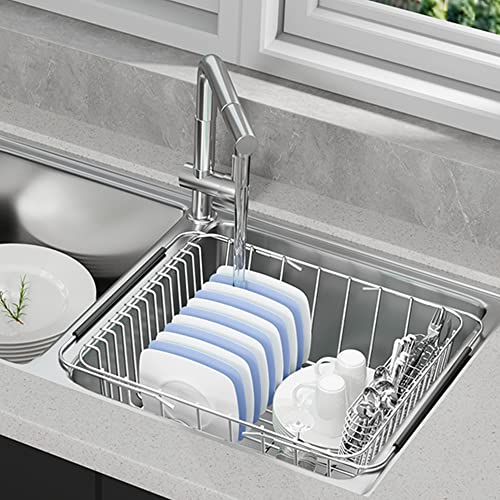 Jobemin Dish Drainer Rack in Sink Adjustable, Expandable 304 Stainless Steel Metal Dish Drying Rack Organizer with Stainless Steel Utensil Holder Over Inside Sink Counter, Rustproof