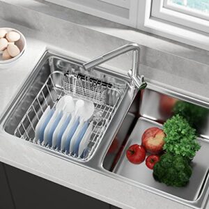 Jobemin Dish Drainer Rack in Sink Adjustable, Expandable 304 Stainless Steel Metal Dish Drying Rack Organizer with Stainless Steel Utensil Holder Over Inside Sink Counter, Rustproof